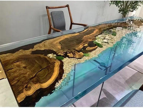 Natural Forest River Look Epoxy Classic Clear Blue Epoxy with Stone Dining Table Coffee Table End Table Bar Counter Top Living Room Table Wall Art Wooden Table - resinhomefurniture