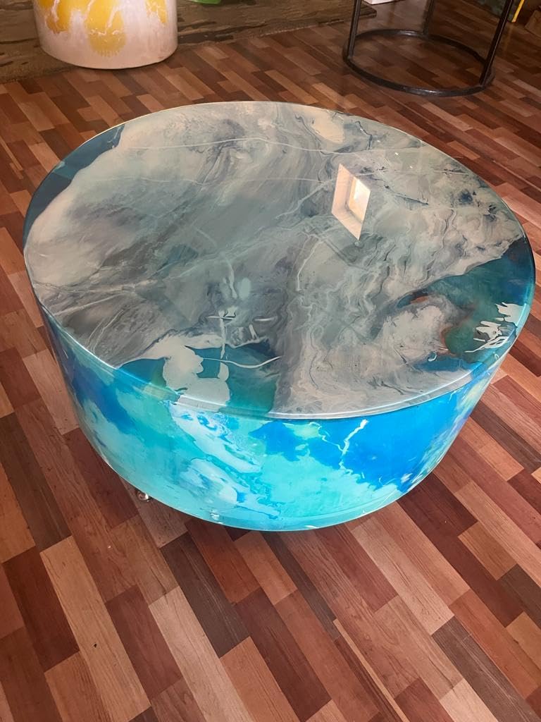 Natural Multi Resin Grey Epoxy with Blue Ocean Feel Look Table Coastal Table Top Dining Table Coffee Table Side/End Table Home Décor. Size 31.5 by 31.5 Inches with Legs 12" Inches - resinhomefurniture