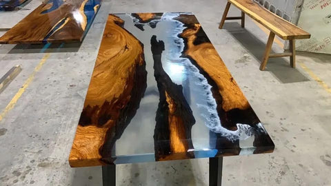 Natural Wood and Transparent Resin with Ocean Wave Epoxy Dining Table Coffee Table End Table Bar Counter Top Living Room Table Wall Art Wooden Table Home Decor - resinhomefurniture
