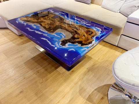 Natural Wood Resin Epoxy Blue Classic Island Look with Waves Table Coastal Table Top Dining Table Coffee Table Side/End Table Home Décor - resinhomefurniture