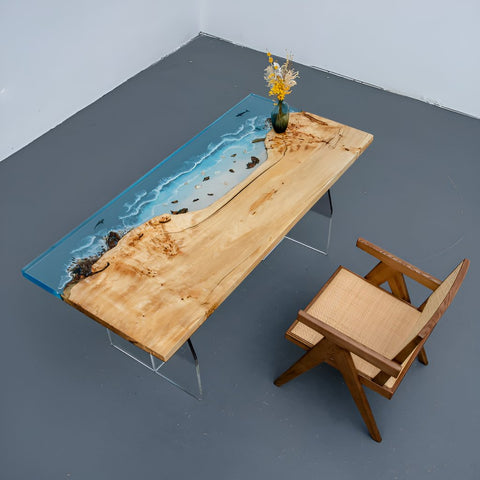 Natural Wood Resin Epoxy Realistic Ocean Beach feel with Waves Table Coastal table Top Dining Table Coffee Table Side/End Table Home D?cor - resinhomefurniture
