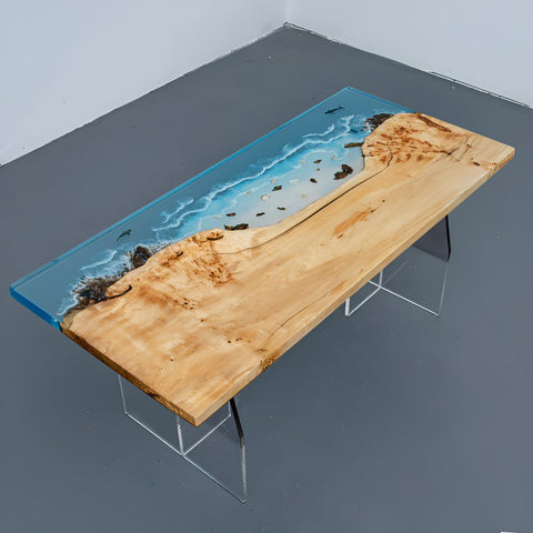 Natural Wood Resin Epoxy Realistic Ocean Beach feel with Waves Table Coastal table Top Dining Table Coffee Table Side/End Table Home D?cor - resinhomefurniture