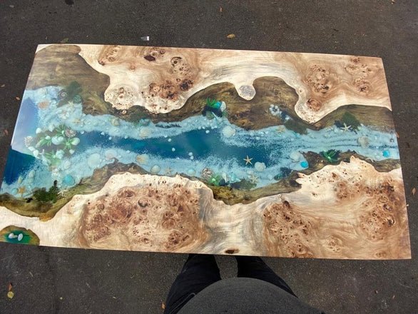 Natural Wood Resin Epoxy Unique Ocean Beach With Stone And Shell Table Coastal table Top Dining Table Coffee Table Side/End Table Home D?cor - resinhomefurniture