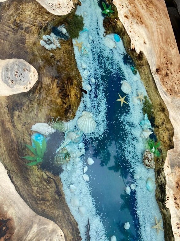 Natural Wood Resin Epoxy Unique Ocean Beach With Stone And Shell Table Coastal table Top Dining Table Coffee Table Side/End Table Home D?cor - resinhomefurniture