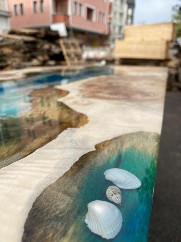 Natural Wood Resin Epoxy Unique Ocean Beach With Stone And Shell Table Coastal table Top Dining Table Coffee Table Side/End Table Home D?cor - resinhomefurniture