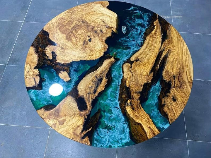 Personalized Round Olive Blue & Emerald Green Ocean Epoxy Resin Dining Table Coffee Table Sea Table Living Room Table Home Decor Bar Counter Side Table End Table - resinhomefurniture