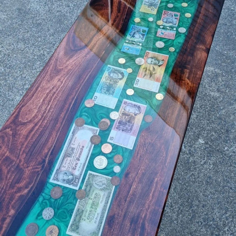 Premium Exquisite Currencies and Coins Epoxy Dining Table Coffee Table Living Room Table Console Table Centre Table Side Table Patio Table Home Décor (With Stand) - resinhomefurniture