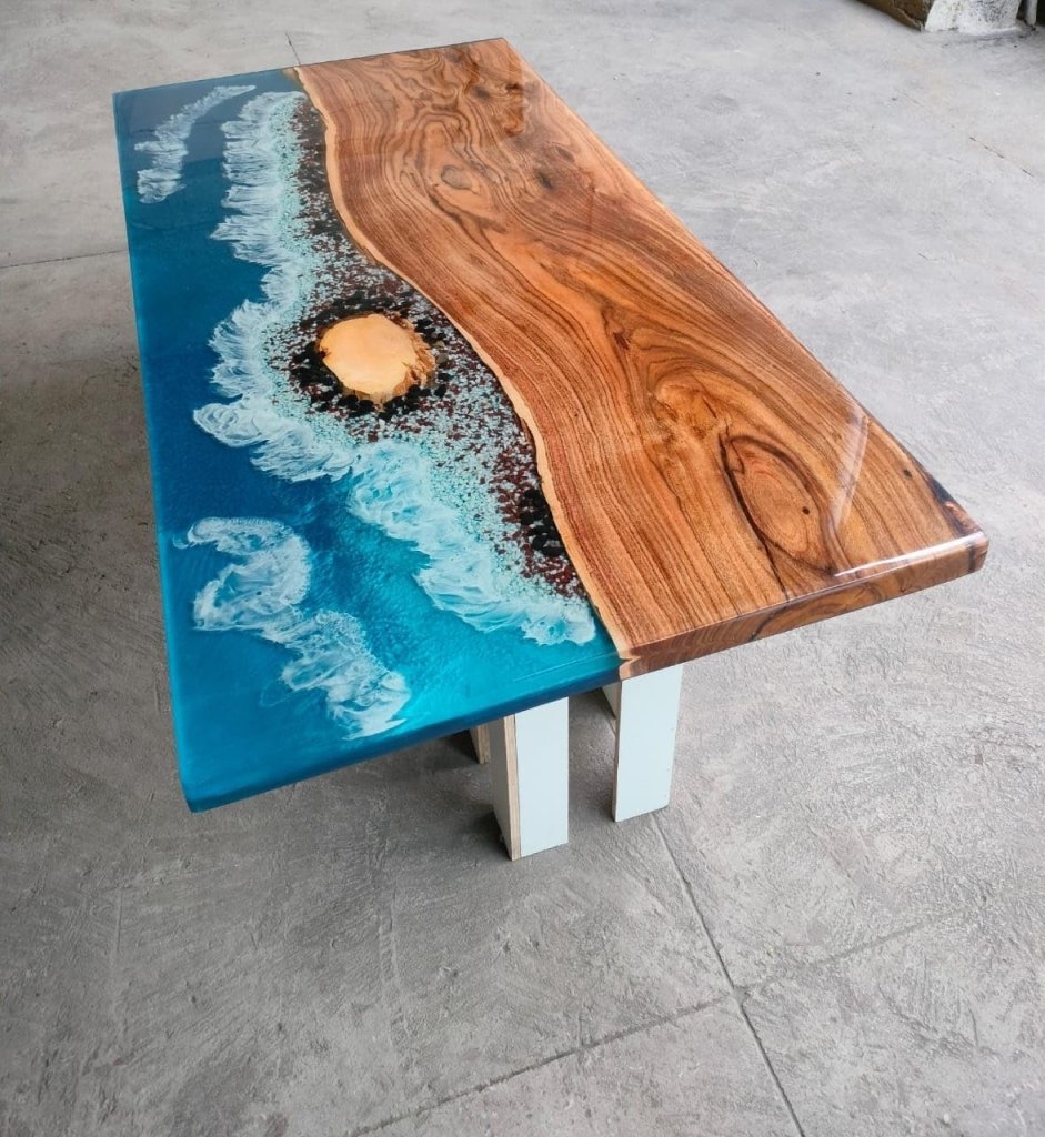 Premium Exquisite Mini Island Look Blue Ocean Beach With Stones Epoxy Dining Table Resin Table Coffee Table Kitchen Table Conference Table Side/End Table Bar Counter - resinhomefurniture