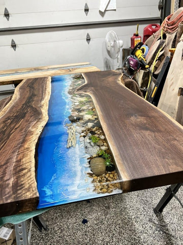 Resin Riverside Nature's Embrace Dining Table Epoxy Wave with Stone and Pebbles Coffee Table Contemporary Table Patio Table End/Side Table Home Décor - resinhomefurniture