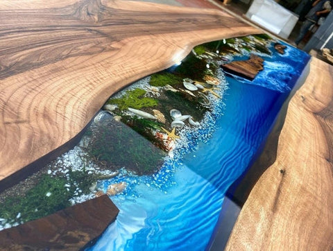 Shoreline Ocean Blue with Stone and Rock Epoxy Resin Dining Table Coffee Table Patio Table Console Table Conference Tabl Bar Counter Table Side Table Home Décor - resinhomefurniture