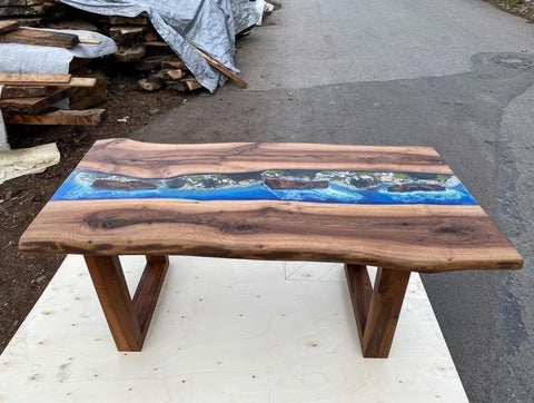 Shoreline Ocean Blue with Stone and Rock Epoxy Resin Dining Table Coffee Table Patio Table Console Table Conference Tabl Bar Counter Table Side Table Home Décor - resinhomefurniture