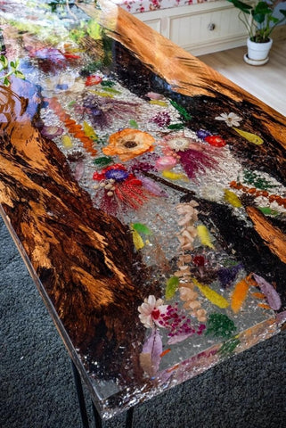 Special Design Colossal Bloom Acacia Wood & Floral Resin Inlay Table | Handcrafted Floral Piece Table Crystal Clear Resin Table Epoxy Table Home Decor Counter Table - resinhomefurniture