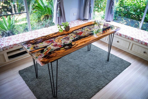 Special Design Colossal Bloom Acacia Wood & Floral Resin Inlay Table | Handcrafted Floral Piece Table Crystal Clear Resin Table Epoxy Table Home Decor Counter Table - resinhomefurniture