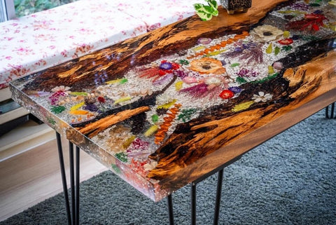 Special Design Colossal Bloom Acacia Wood & Floral Resin Inlay Table | Handcrafted Floral Piece Table Crystal Clear Resin Table Epoxy Table Home Decor Counter Table - resinhomefurniture