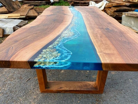 Special River Blue Epoxy Resin with Stones Dining Table Living Room Table Coffee Table Console Table Patio Table Conference Table Kitchen Table Home Décor - resinhomefurniture