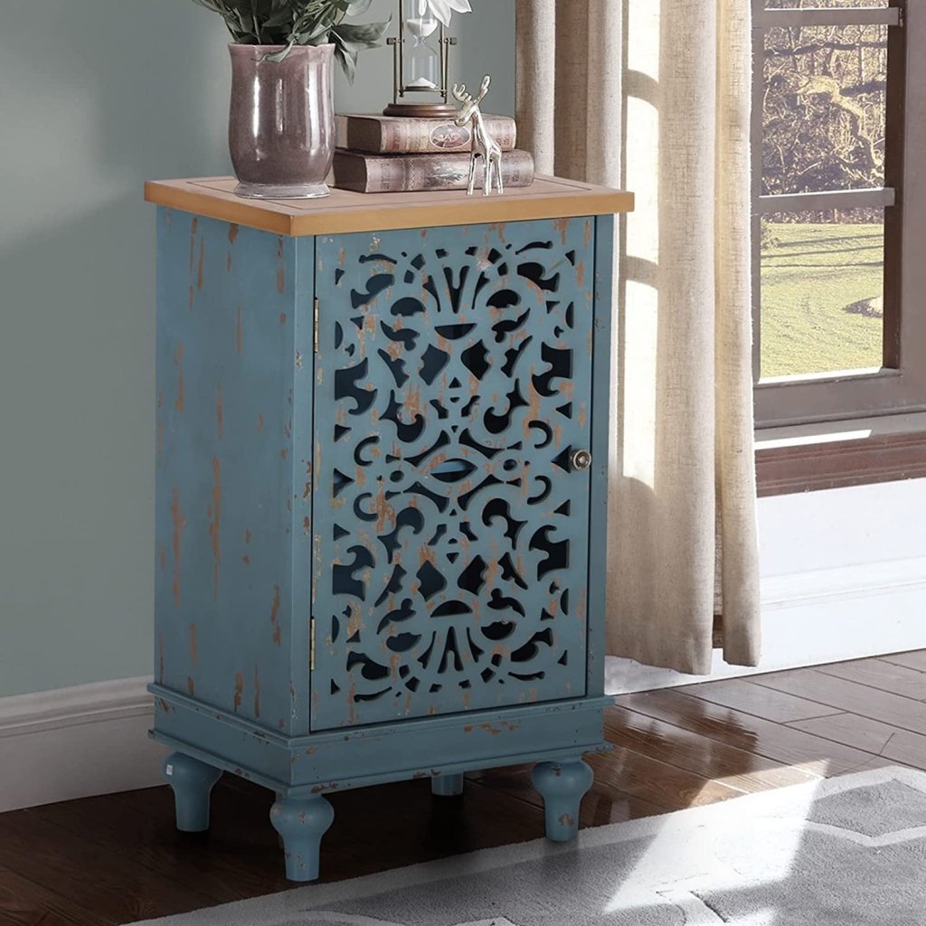 TUZECH Accent Storage Cabinet with Single Door, Distressed Decorative Nightstand End Side Table with Wooden Frame and Hollow - Carved Floral Pattern for Entryway Living Room Bedroom - resinhomefurniture