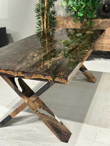 TUZECH Beautiful Epoxy Tree Bark and Moss Resin Dining Table Coffee Table Console Table Living Room Table Kitchen Table Center Table Patio Table End/Side Table Home Décor - resinhomefurniture