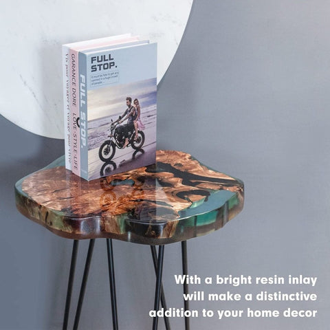 Tuzech Crystal Clear Epoxy Resin Natural Edge Wood end Table, Wood Resin Side Table Handmade Craft Coffee Table with Hairpin legs - 20Tall - resinhomefurniture