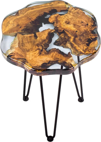 Tuzech Crystal Clear Epoxy Resin Natural Edge Wood end Table, Wood Resin Side Table Handmade Craft Coffee Table with Hairpin legs - 20Tall - resinhomefurniture