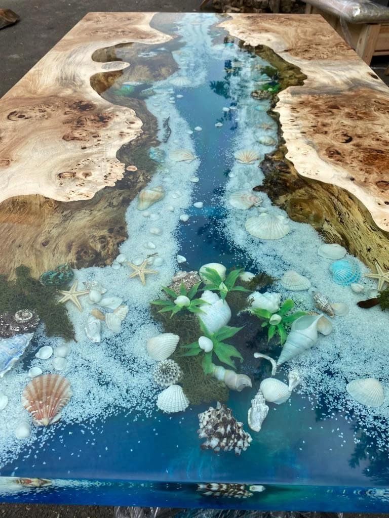 TUZECH Custom River Epoxy with Shells and Stone Look Dinning Table Coffee Table Side/End Table Coastal Table Top Living Room Table Bar Counter Home Décor - resinhomefurniture