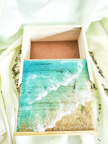 TUZECH Customizable Epoxy Wood Sliding Jewellery Treasure Box Chest Seaside Beach Ocean Handmade Home Décor memory box Custom gift box Trinket Box - resinhomefurniture