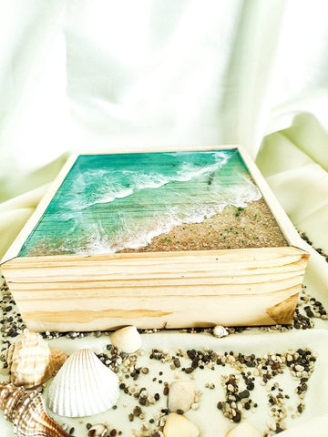 TUZECH Customizable Epoxy Wood Sliding Jewellery Treasure Box Chest Seaside Beach Ocean Handmade Home Décor memory box Custom gift box Trinket Box - resinhomefurniture