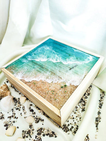 TUZECH Customizable Epoxy Wood Sliding Jewellery Treasure Box Chest Seaside Beach Ocean Handmade Home Décor memory box Custom gift box Trinket Box - resinhomefurniture