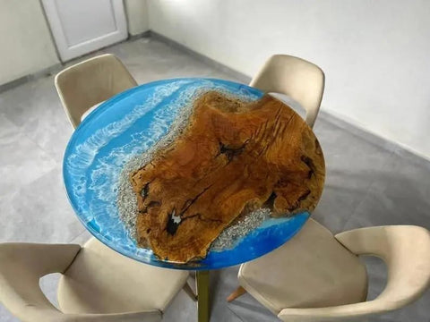 TUZECH Customized Resin Round Table Top, Blue Ocean with Stones Epoxy Resin, Coffee Table Design, Resin Table, Luxury Decor Table, Walnut Table, Wooden Resin Table - resinhomefurniture