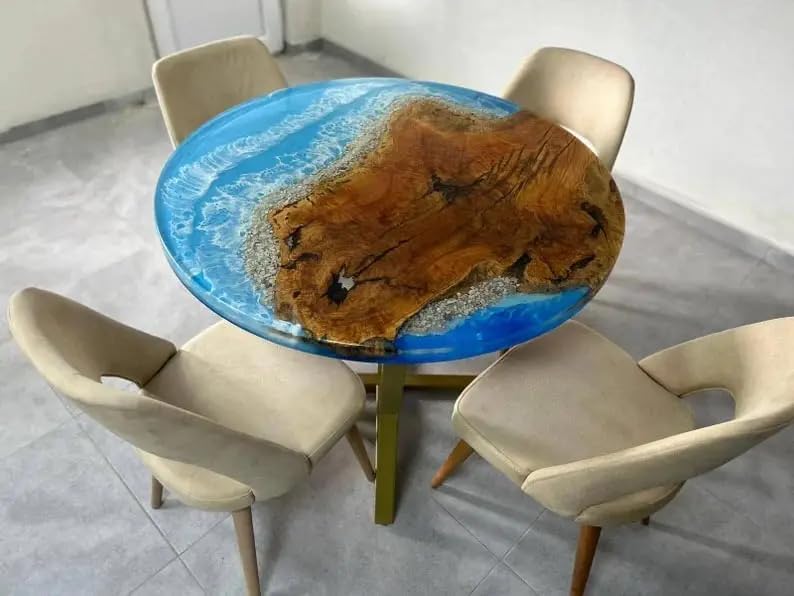 TUZECH Customized Resin Round Table Top, Blue Ocean with Stones Epoxy Resin, Coffee Table Design, Resin Table, Luxury Decor Table, Walnut Table, Wooden Resin Table - resinhomefurniture