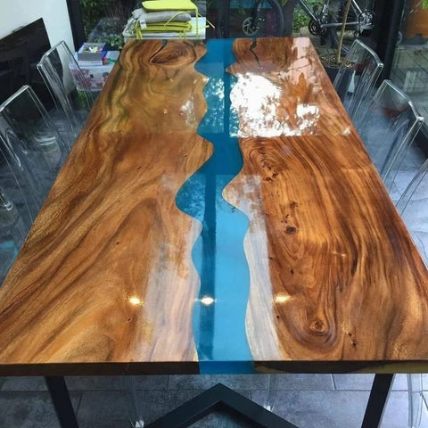 Tuzech Epoxy Table Top Fully Customised Thick Resin River Table Indoor Outdoor Coffee Table Top Wooden Dining Table Top - resinhomefurniture