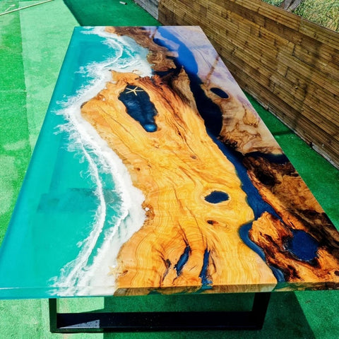 TUZECH Exquisite Ocean Green Wave Epoxy Resin with Shell and Star Dining Table Coffee Table Kitchen Table Console Table Centre Table Patio Table End/Side Table Home Decor - resinhomefurniture