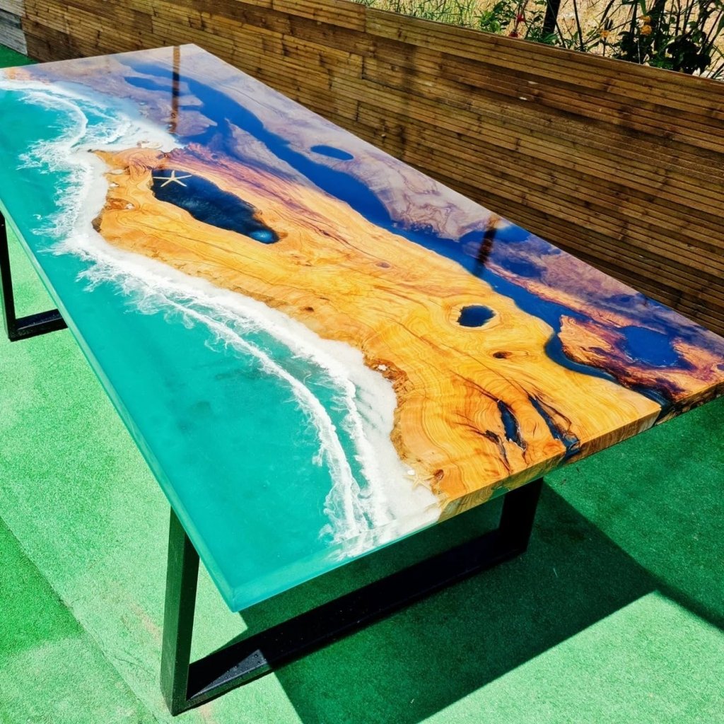 TUZECH Exquisite Ocean Green Wave Epoxy Resin with Shell and Star Dining Table Coffee Table Kitchen Table Console Table Centre Table Patio Table End/Side Table Home Decor - resinhomefurniture