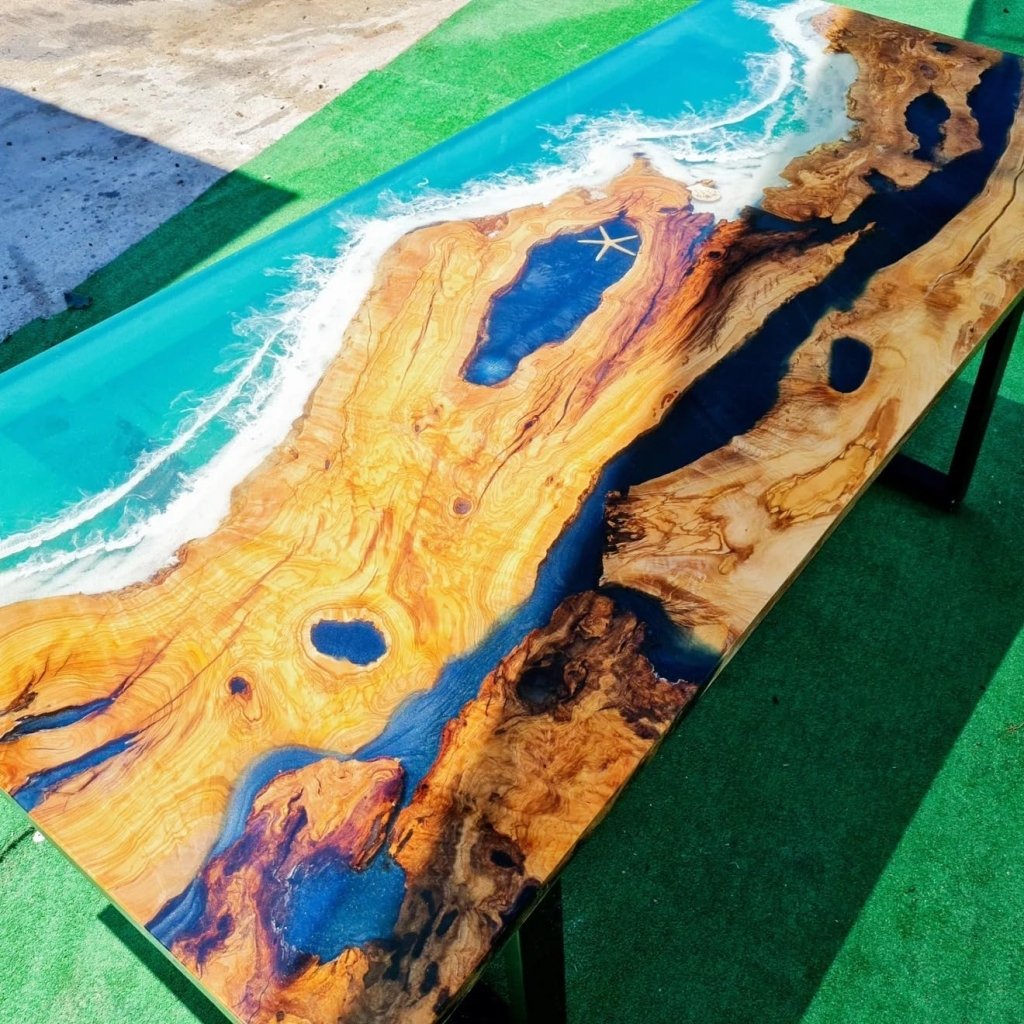 TUZECH Exquisite Ocean Green Wave Epoxy Resin with Shell and Star Dining Table Coffee Table Kitchen Table Console Table Centre Table Patio Table End/Side Table Home Decor - resinhomefurniture