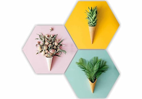 TUZECH Floral Flower and Leaf Ensemble in Cone Pot 3 Piece Self adheshive Painting Wall Decor/Wall Hanging For Home Decoration/Office/Bedroom - resinhomefurniture