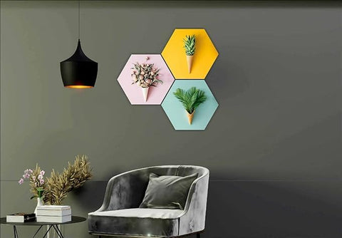 TUZECH Floral Flower and Leaf Ensemble in Cone Pot 3 Piece Self adheshive Painting Wall Decor/Wall Hanging For Home Decoration/Office/Bedroom - resinhomefurniture