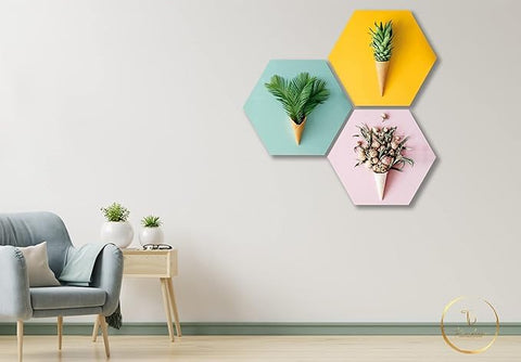 TUZECH Floral Flower and Leaf Ensemble in Cone Pot 3 Piece Self adheshive Painting Wall Decor/Wall Hanging For Home Decoration/Office/Bedroom - resinhomefurniture