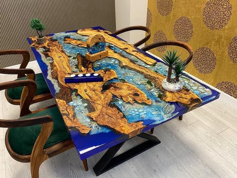 TUZECH Large Beautiful Customized Beige Epoxy Dining Table Resin Coffee Table Living Room Table for 2, 4, 6, 8 Sea Aquarium Star Shells Look Table Patio Table Home Décor - resinhomefurniture