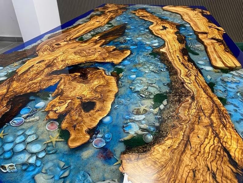 TUZECH Large Beautiful Customized Beige Epoxy Dining Table Resin Coffee Table Living Room Table for 2, 4, 6, 8 Sea Aquarium Star Shells Look Table Patio Table Home Décor - resinhomefurniture