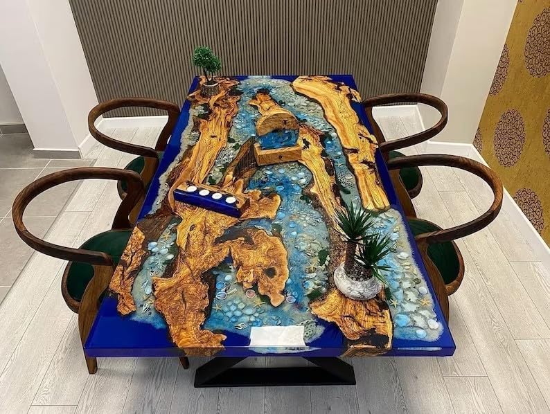 TUZECH Large Beautiful Customized Beige Epoxy Dining Table Resin Coffee Table Living Room Table for 2, 4, 6, 8 Sea Aquarium Star Shells Look Table Patio Table Home Décor - resinhomefurniture