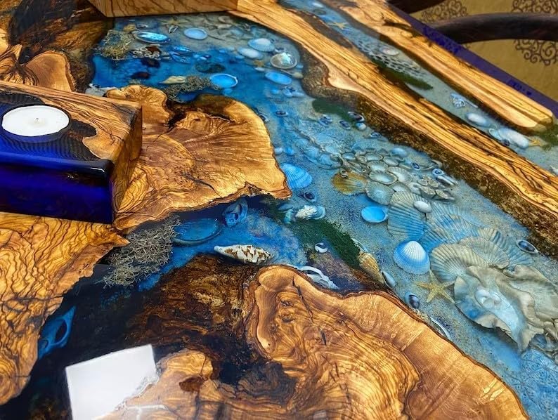 TUZECH Large Beautiful Customized Beige Epoxy Dining Table Resin Coffee Table Living Room Table for 2, 4, 6, 8 Sea Aquarium Star Shells Look Table Patio Table Home Décor - resinhomefurniture