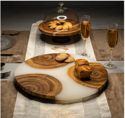 TUZECH Large EPOXY , Resin Lazy Susan with Blue epoxy, Table Centerpiece, Kitchen Art, Home Decor, Wedding Gift 18''Inches - resinhomefurniture