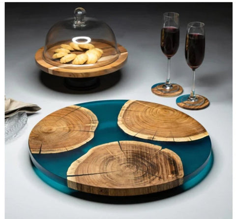 TUZECH Large EPOXY , Resin Lazy Susan with Blue epoxy, Table Centerpiece, Kitchen Art, Home Decor, Wedding Gift Center Dining Tables 18''Inches - resinhomefurniture