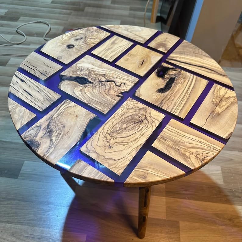 TUZECH Large Indoor Blue Epoxy Coffee Table Resin Coffee Table Living Room Table Wooden Blocks Look Table for 2, 4, 6, 8 Epoxy Table Top Side/End Table Home Décor - resinhomefurniture