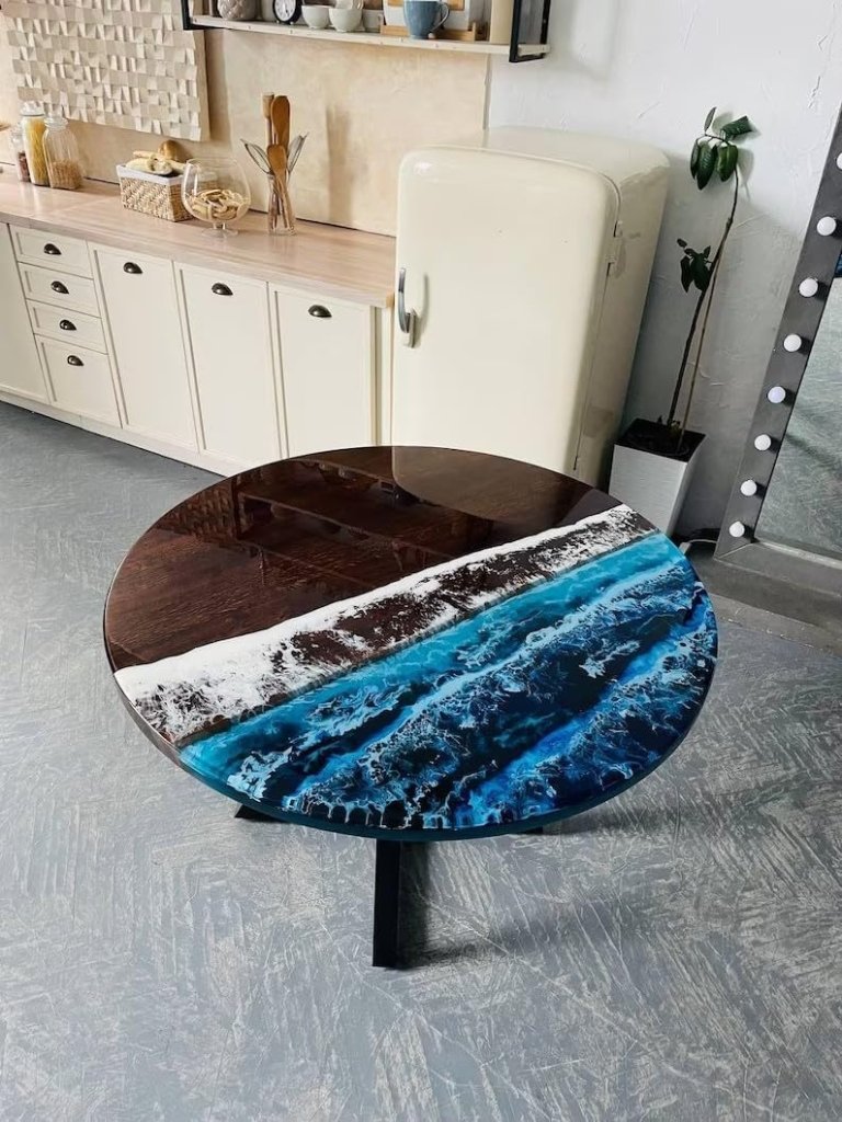 TUZECH Large Indoor Round Ocean Waves Coffee Table Epoxy Dining Table Living Room Table Walnut Table Top Wooden Table Bar Counter Top Wall Art Side/End Table Home Decor - resinhomefurniture