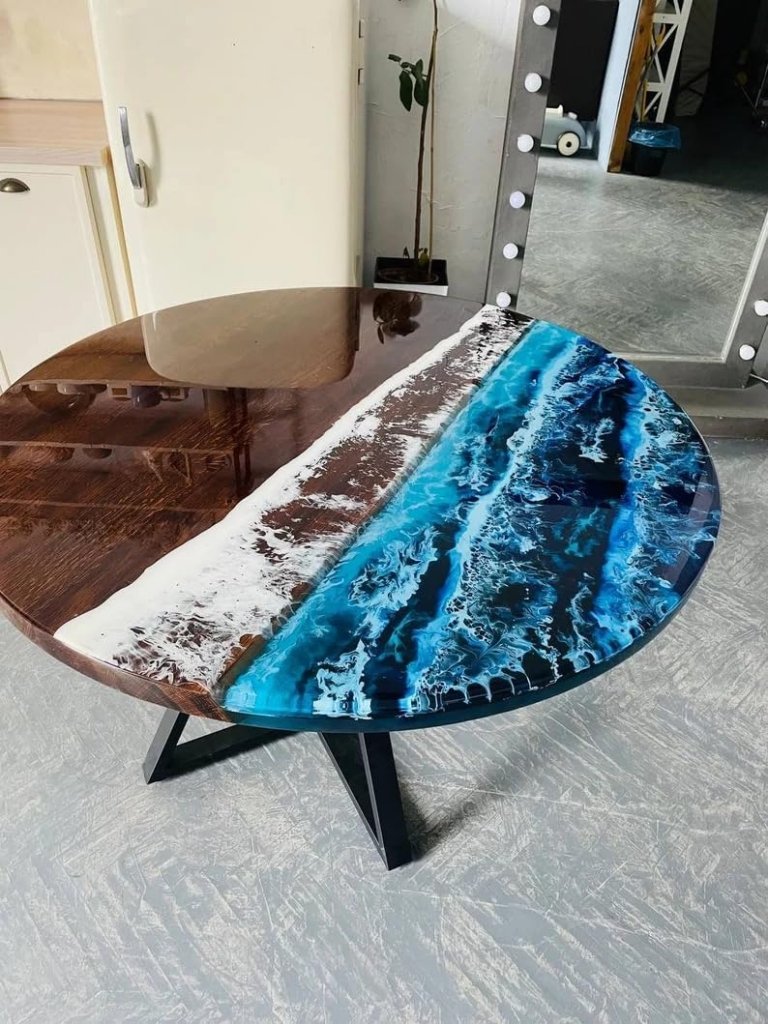 TUZECH Large Indoor Round Ocean Waves Coffee Table Epoxy Dining Table Living Room Table Walnut Table Top Wooden Table Bar Counter Top Wall Art Side/End Table Home Decor - resinhomefurniture