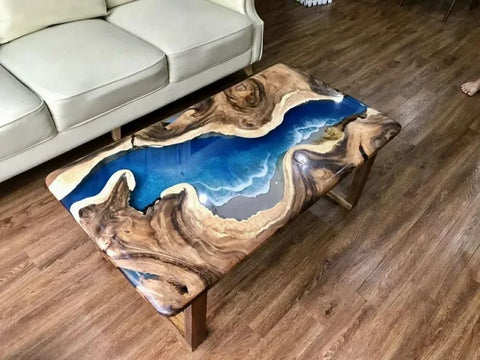 TUZECH Natural Wood Unique Blue Ocean with Wave Look Resin Epoxy Table Coastal Table Top Dining Table Coffee Table Side/End Table Home Décor - resinhomefurniture