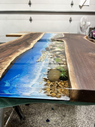 TUZECH Resin Riverside Nature's Embrace Dining Table Epoxy Wave with Stone and Pebbles Coffee Table Contemporary Table Patio Table End/Side Table Home Décor - resinhomefurniture