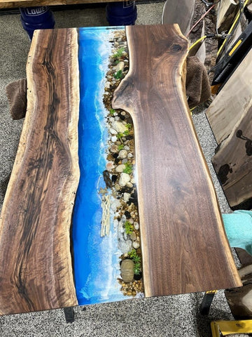 TUZECH Resin Riverside Nature's Embrace Dining Table Epoxy Wave with Stone and Pebbles Coffee Table Contemporary Table Patio Table End/Side Table Home Décor - resinhomefurniture