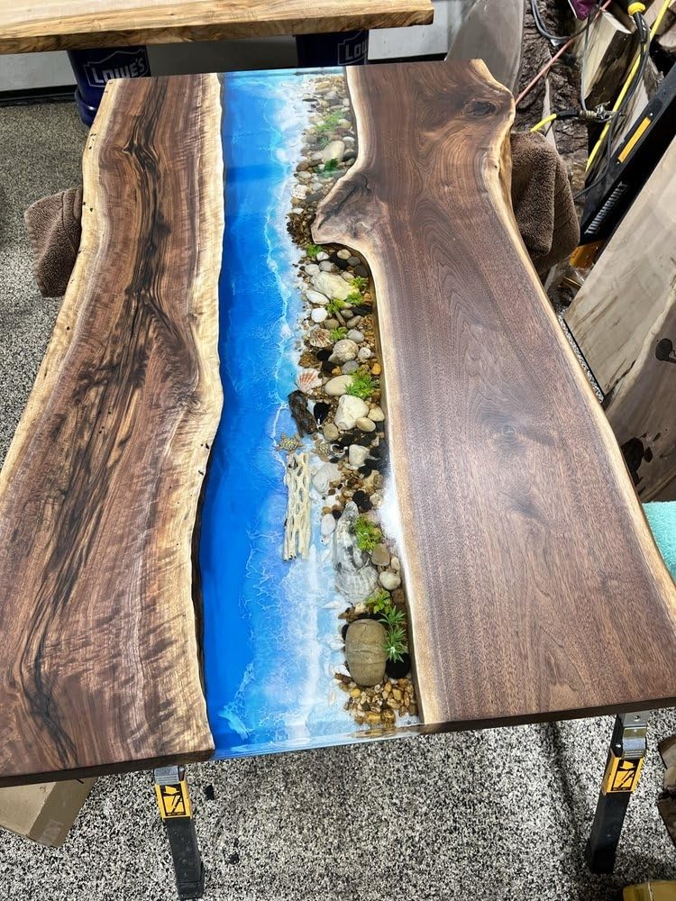 TUZECH Resin Riverside Nature's Embrace Dining Table Epoxy Wave with Stone and Pebbles Coffee Table Contemporary Table Patio Table End/Side Table Home Décor - resinhomefurniture
