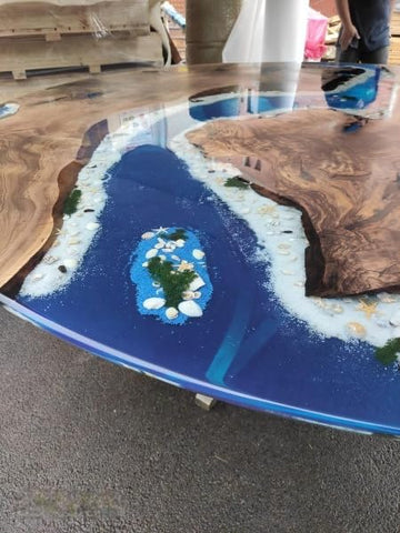 TUZECH Sea Scape Aquarium Look Epoxy Resin Round Coffee Table with Star, Shell & Rock Dining Room Table Living Table Bar Counter Table Patio Table Side/End Table Home Decor - resinhomefurniture